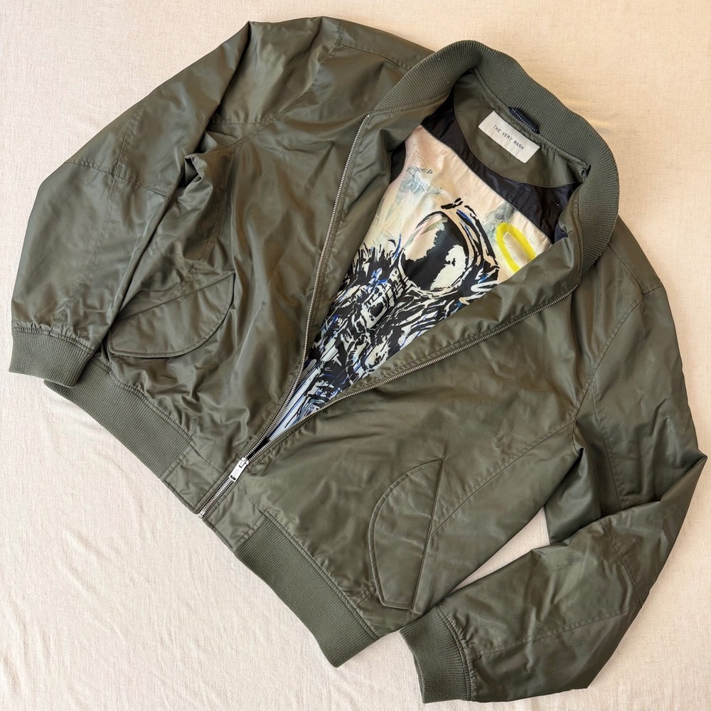 The Very Warm Mens Astronaut Graphic Lining Bomber Jacket Olive Green XXL